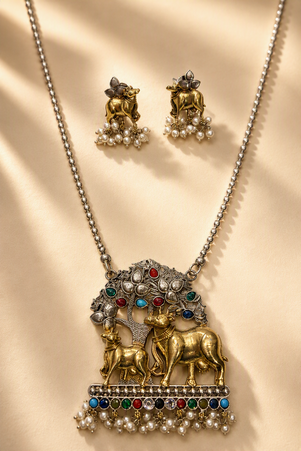 Dual Tone Cow Pendant Long Chain Necklace Set with Cow Stud Earrings