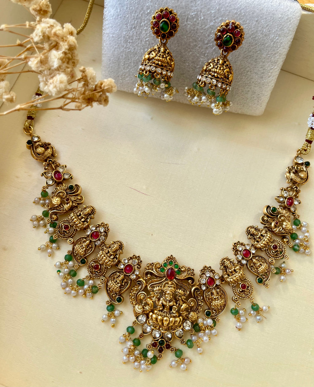 Antique polish Laxmiji necklace with Jhumki style earrings
