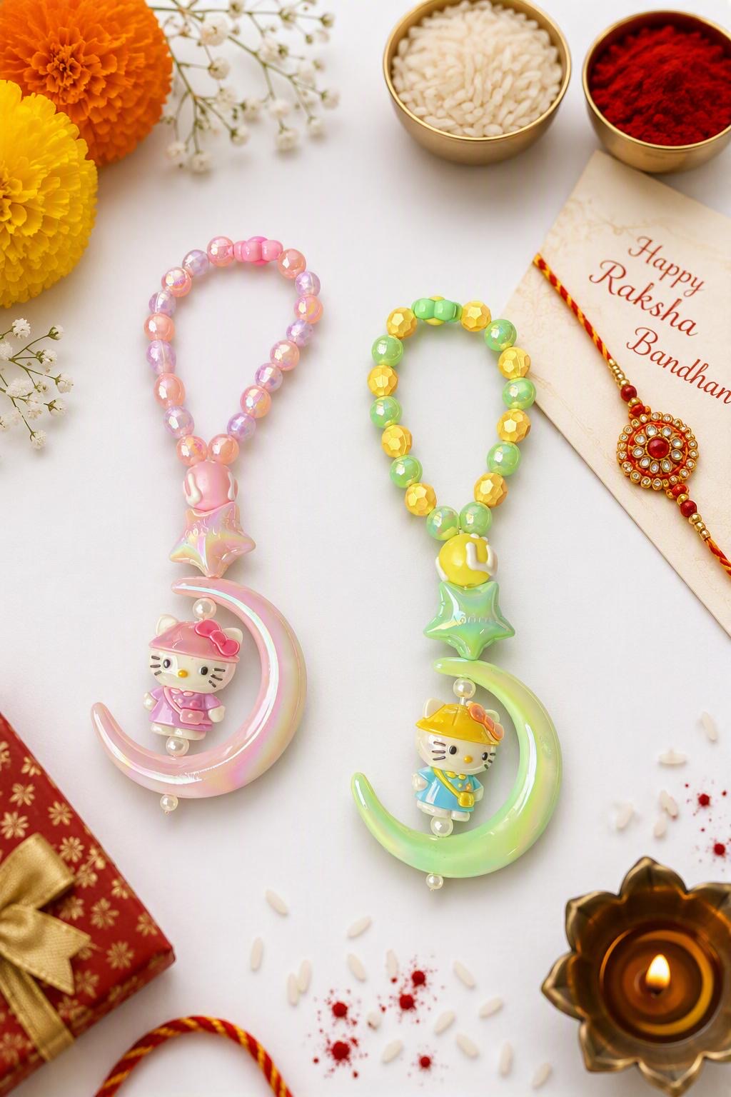 Kids Kitty Moon Beaded Bracelet Rakhi - Single pc