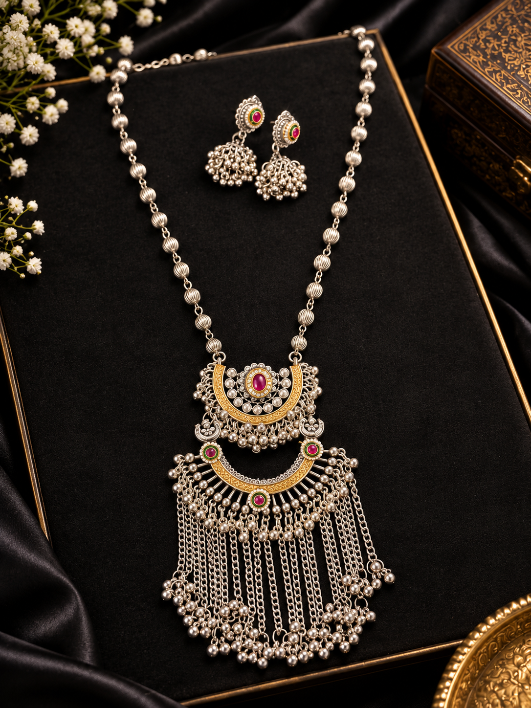 Dual-Tone Chandbali Tassel Pendant Long Necklace Set with Jhumka Earrings –