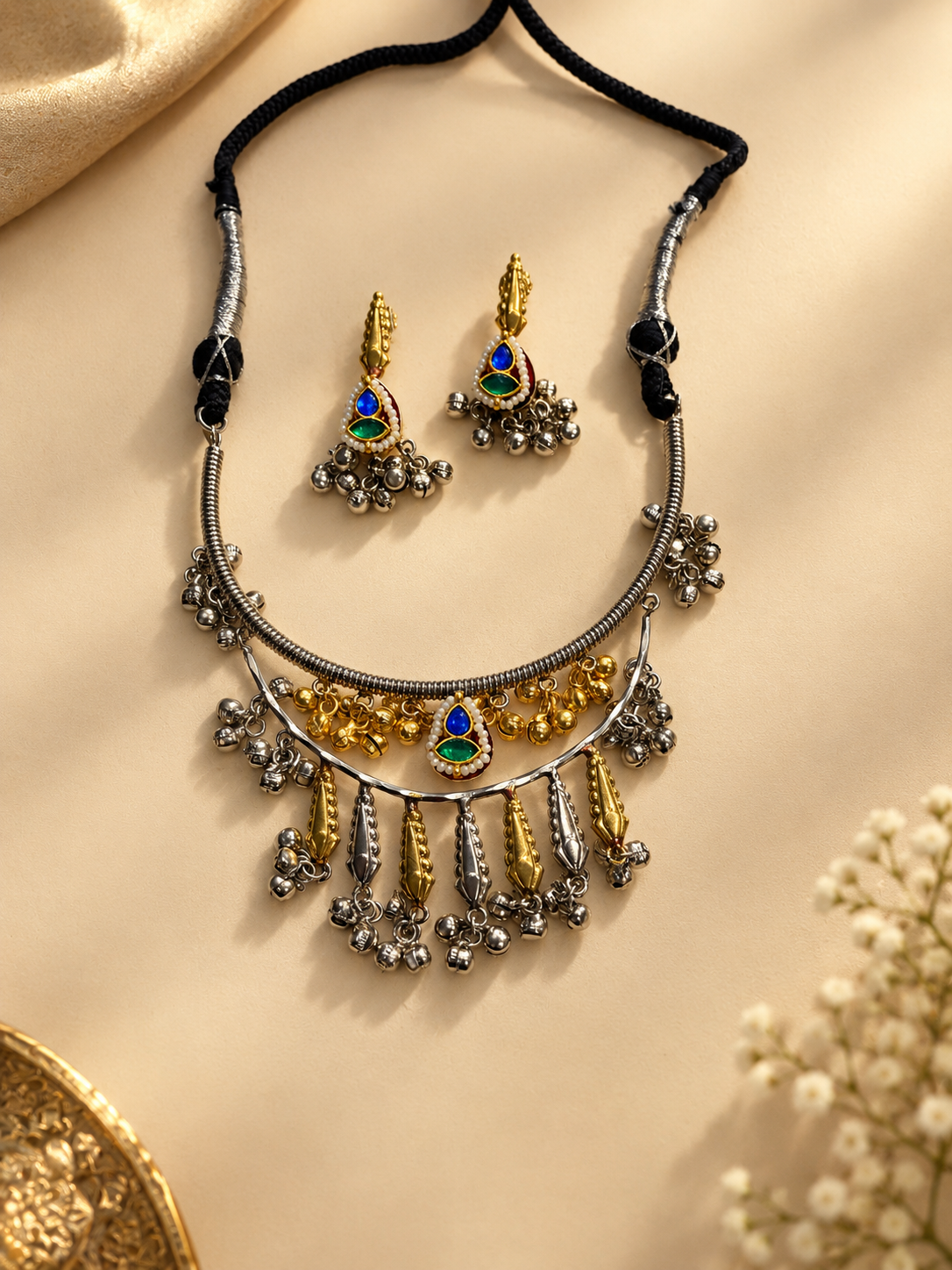 Double Layer Hasli Necklace Set with Ghungroo Detailing & Pachi Kundan Stones