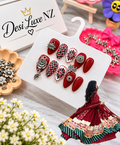 Kutchi Red Press-On Nails | Hand-Painted Red, Black & White Navratri Nails with Silver Charms
