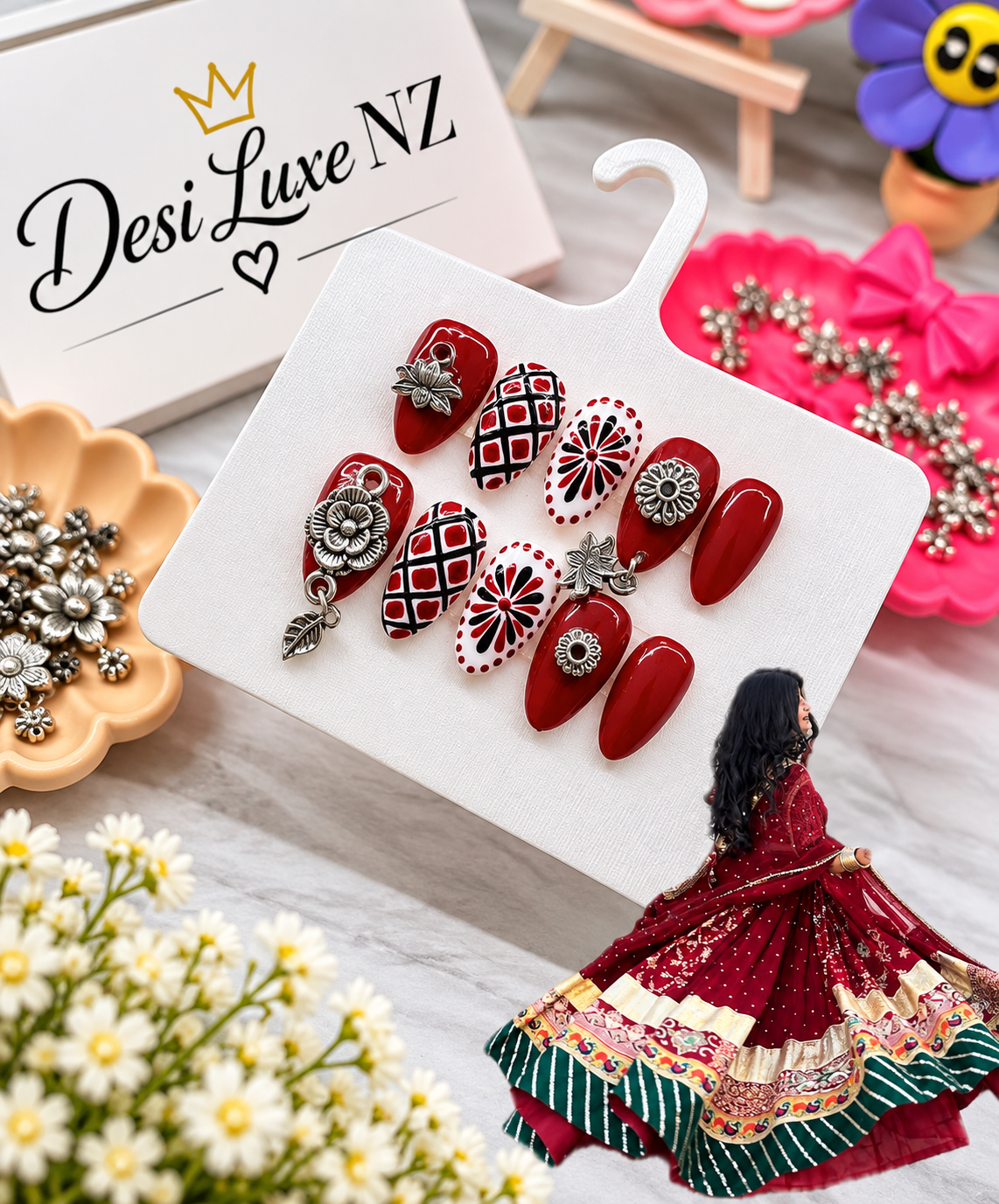 Kutchi Red Press-On Nails | Hand-Painted Red, Black & White Navratri Nails with Silver Charms