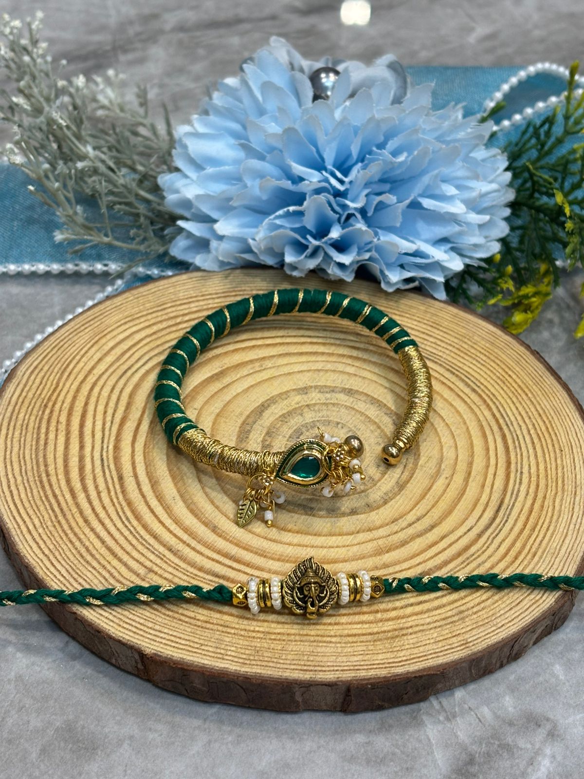 Green kada couple rakhi pair—Desi Luxe NZ