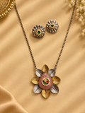 Dual Tone Flower Chain Necklace Set with Pachi Kundan Detailing – Pink