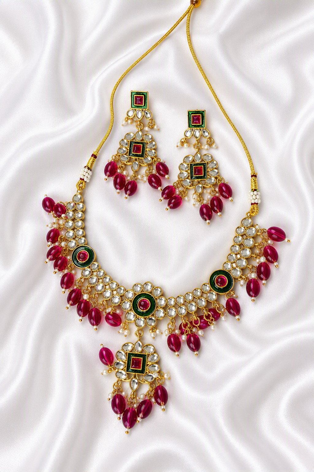 Heavy Kundan Bridal Necklace Set with Ruby Beads & Meenakari Work – Statement Jewelry