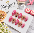 Bandhani Blush Press-On Nails | Pink Ombré Navratri Nails with Gold Charms & Crystals