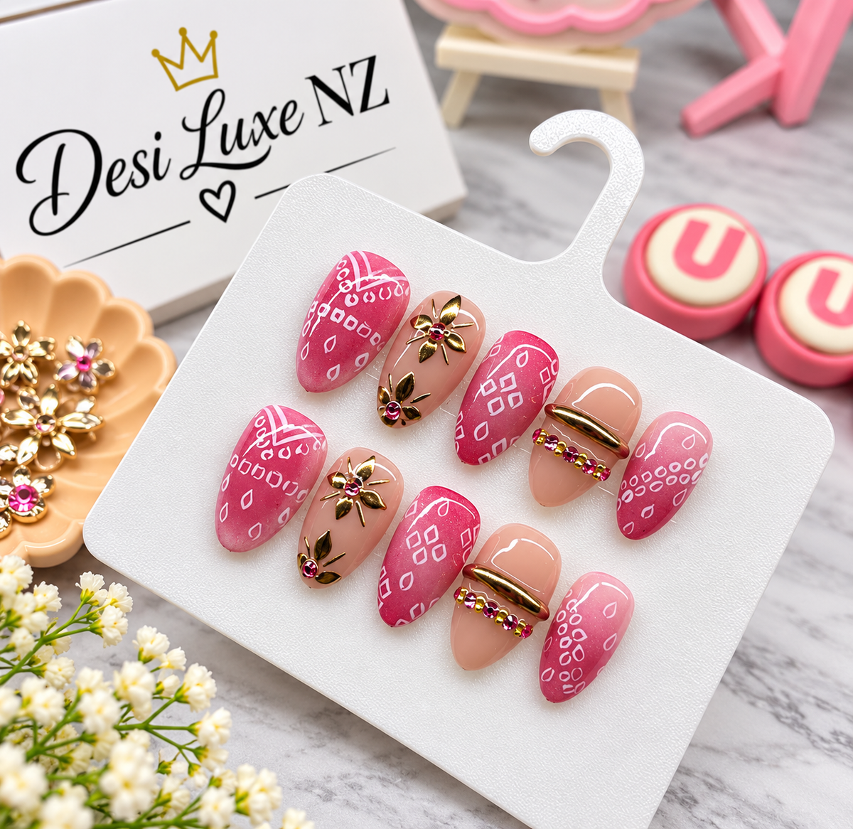 Bandhani Blush Press-On Nails | Pink Ombré Navratri Nails with Gold Charms & Crystals