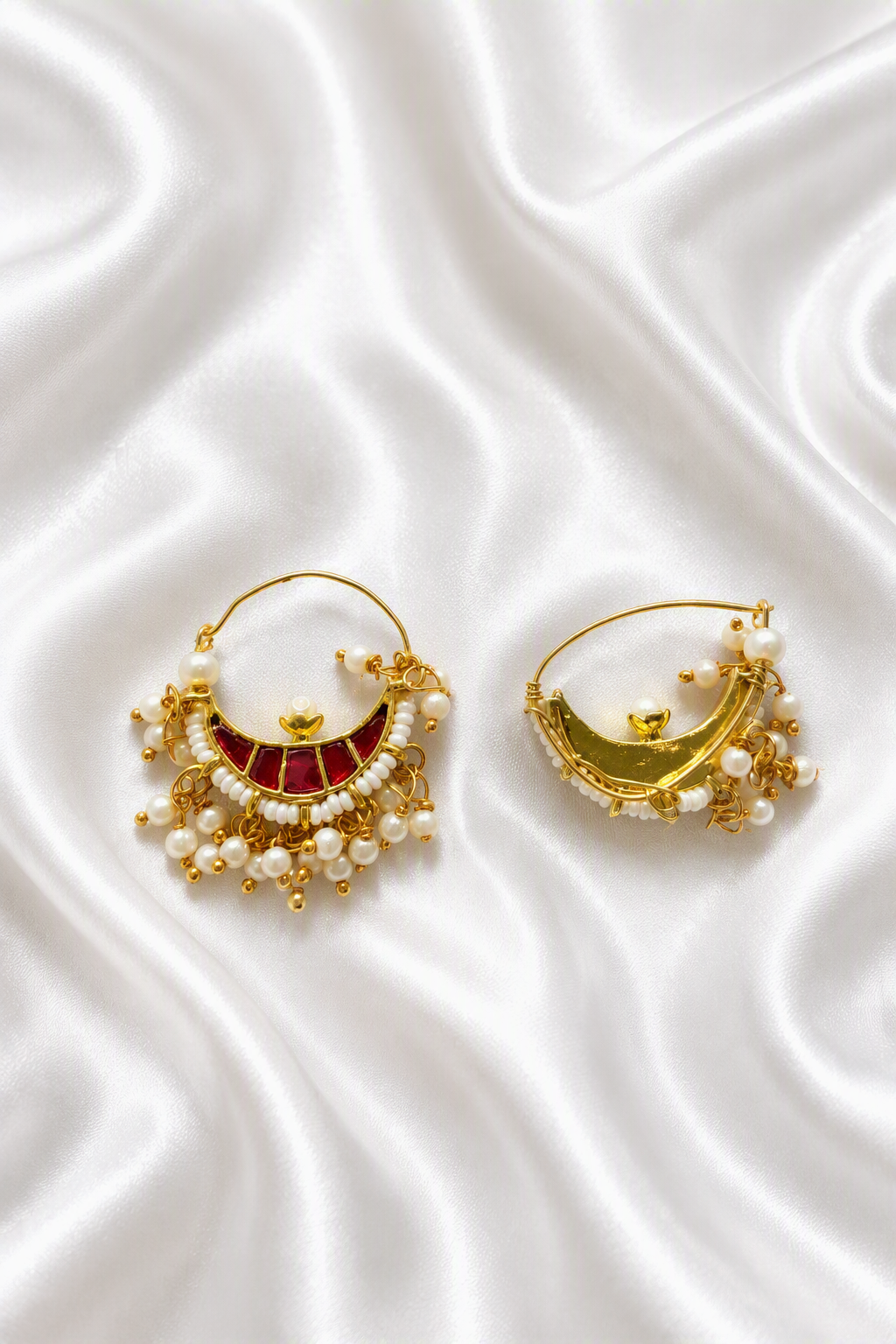 Pachi Kundan Chandbali Nath – Gold-Toned Nose Ring with Ruby Kundan & Pearl Cluster