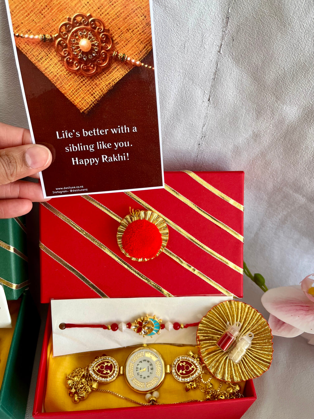 Rakhi Bhai Bhabhi Special 🎁 Kundan Rakhi + Watch Bracelet Gift Box
