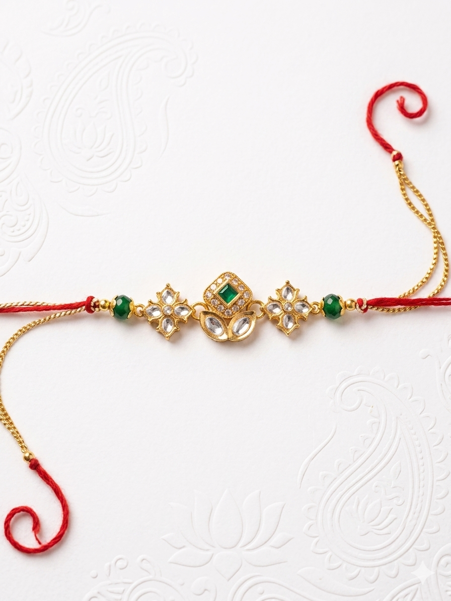Green and white kundan single brother rakhi—Desi luxe NZ