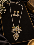Dual-Tone Antique Pendant Long Necklace Set with Peacock Motif & Jhumka Earrings