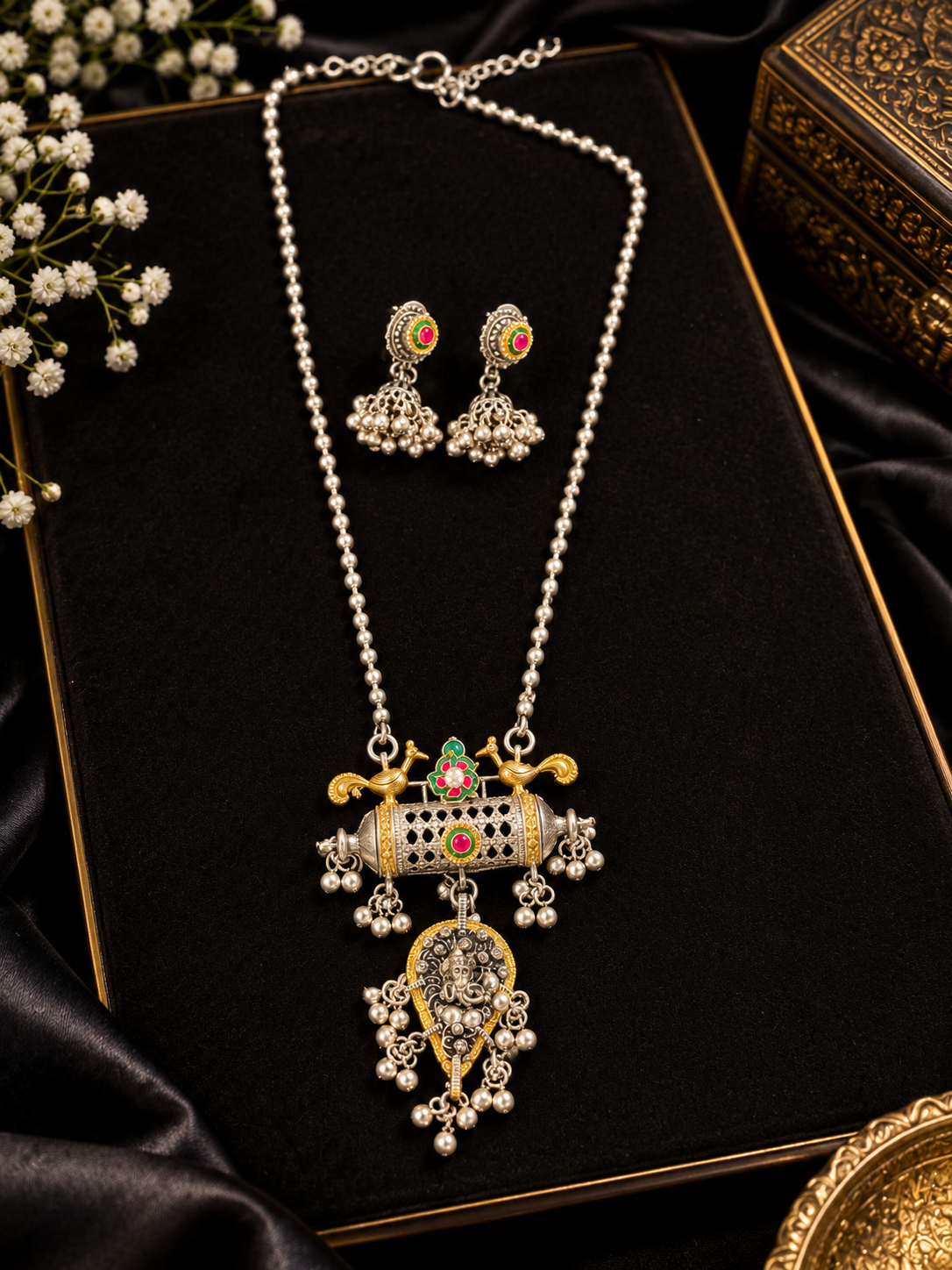 Dual-Tone Antique Pendant Long Necklace Set with Peacock Motif & Jhumka Earrings