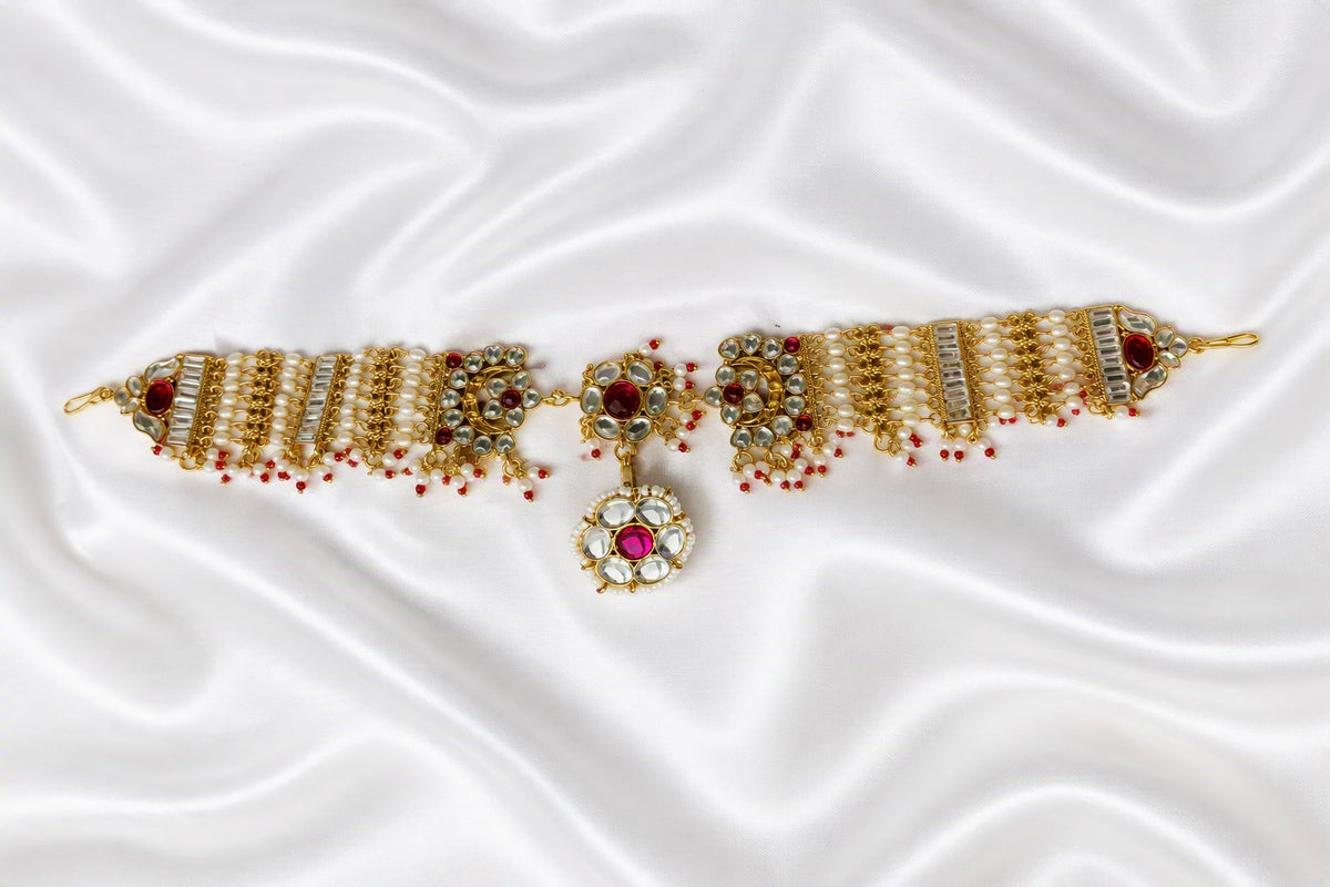Rajasthani Mathapatti with Borla – Kundan Bridal Headpiece with Ruby & Pearl Detailing