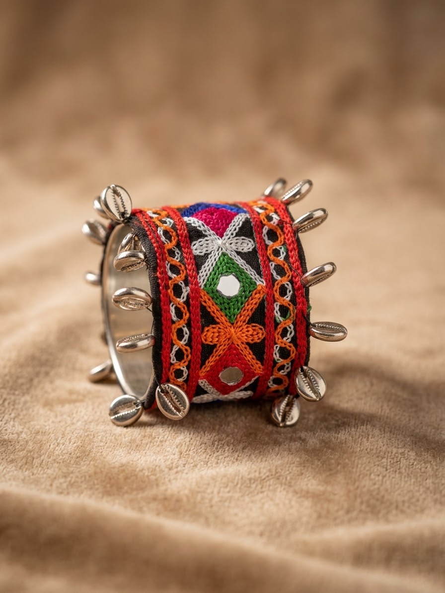 Kutch Mirror Work Wide Bangle Kada – Tribal Embroidered Cuff with Shell Edging-openable