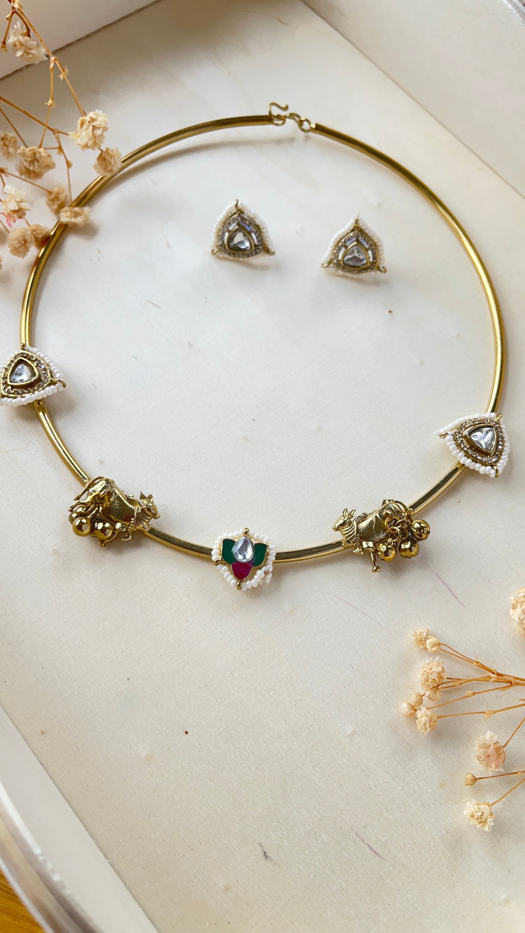 Real Polki stone and meenakari Cow Hasli necklace set