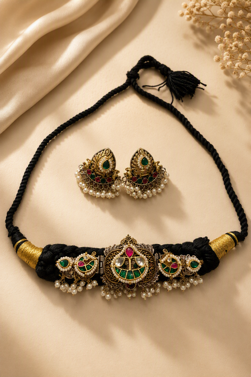 Traditional Braided Thread Choker Set with Pink & Emerald Kundan Stones