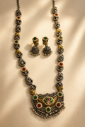 Statement Dual Tone Long Chain Necklace – Lattice Motif with Pink & Emerald Stones