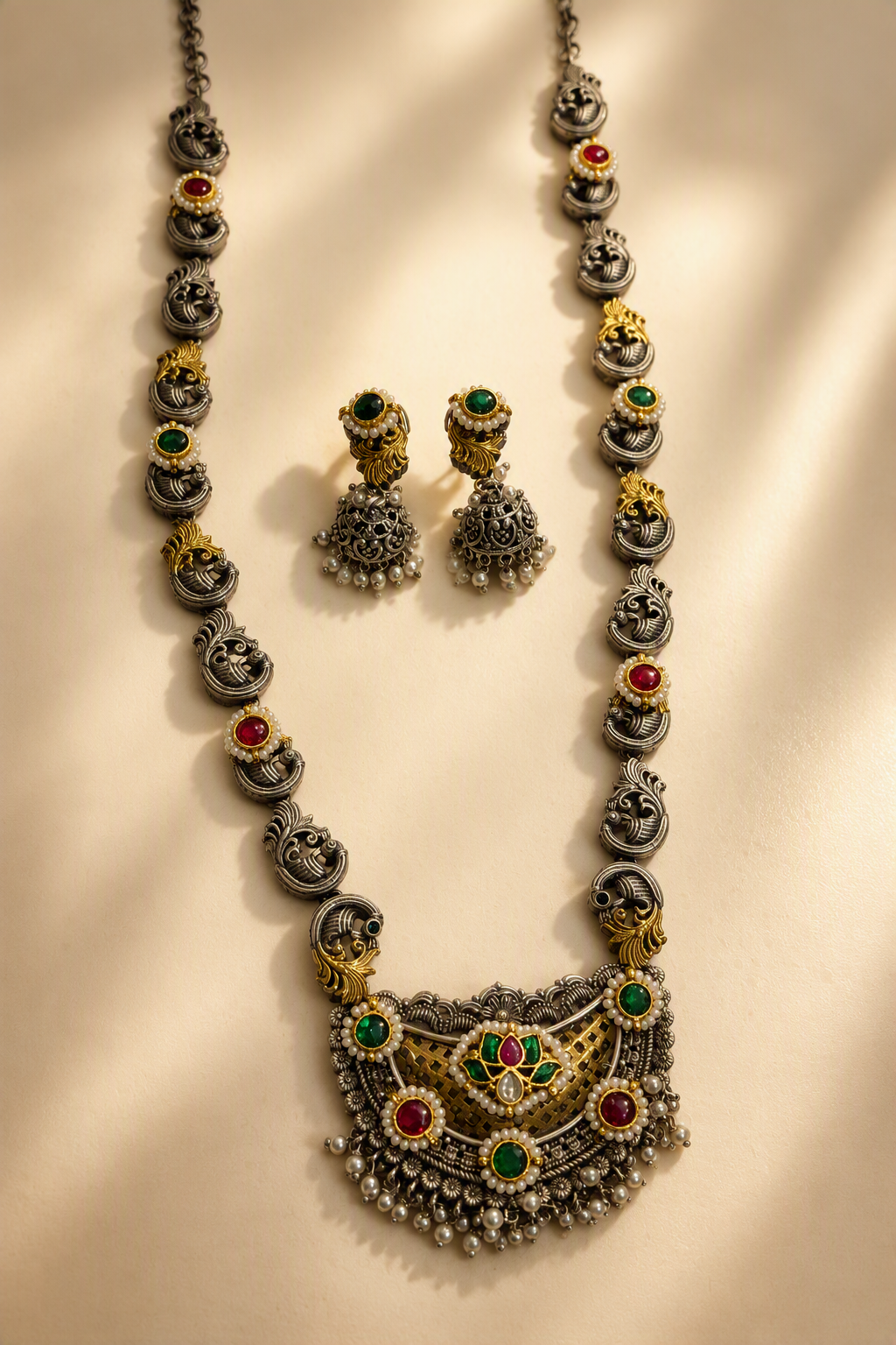 Statement Dual Tone Long Chain Necklace – Lattice Motif with Pink & Emerald Stones