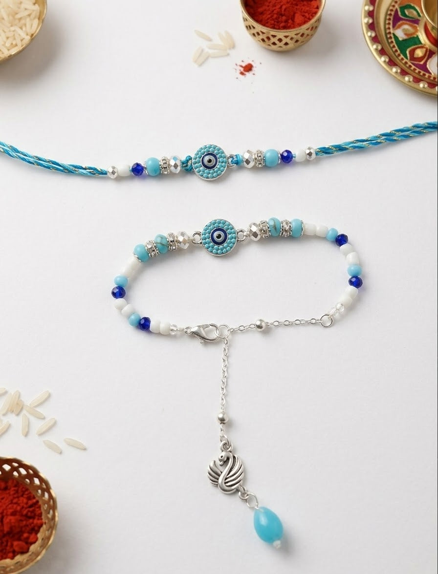 Turquoise Evil Eye Rakhi & Swan Charm Bracelet Set | Bhai-Bhabi Rakhi Pair