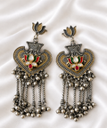Oxidised Silver Lotus Kundan Tassel Earrings