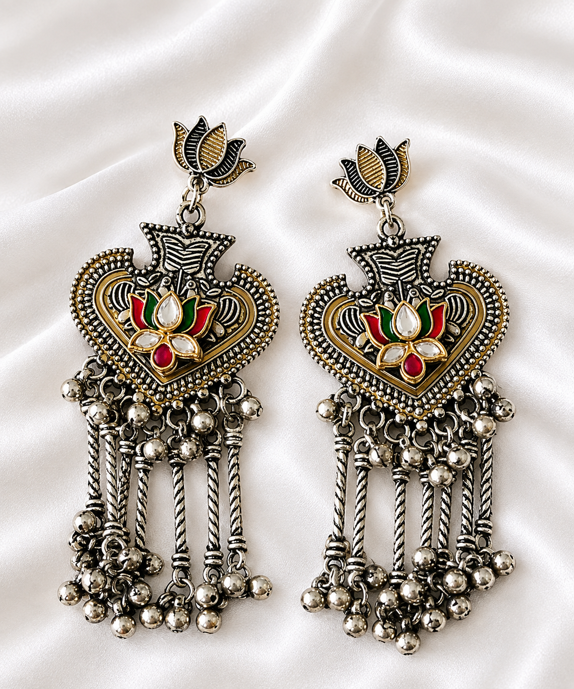 Oxidised Silver Lotus Kundan Tassel Earrings