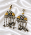 Oxidised Silver Elephant Chandelier Earrings with Chain Tassels