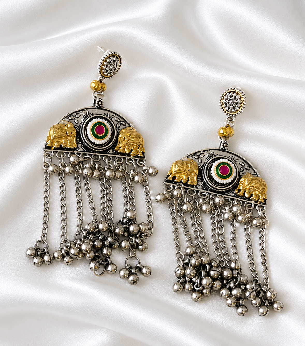 Oxidised Silver Elephant Chandelier Earrings with Chain Tassels
