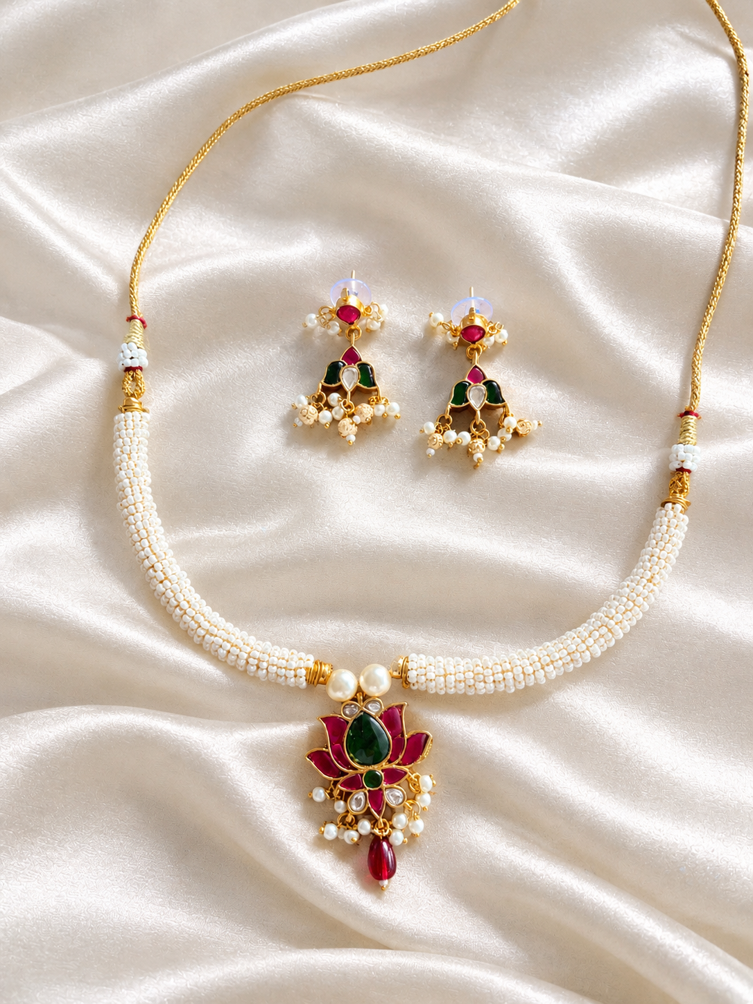 Premium Pachi Kundan Lotus Necklace Set