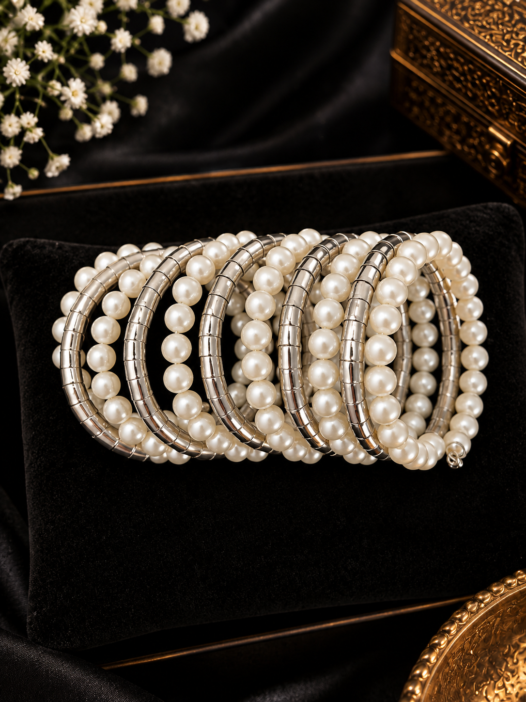 Pearl & Silver Spiral Cuff Bangle | Wraparound Bracelet (Fits 2.2" & 2.4")