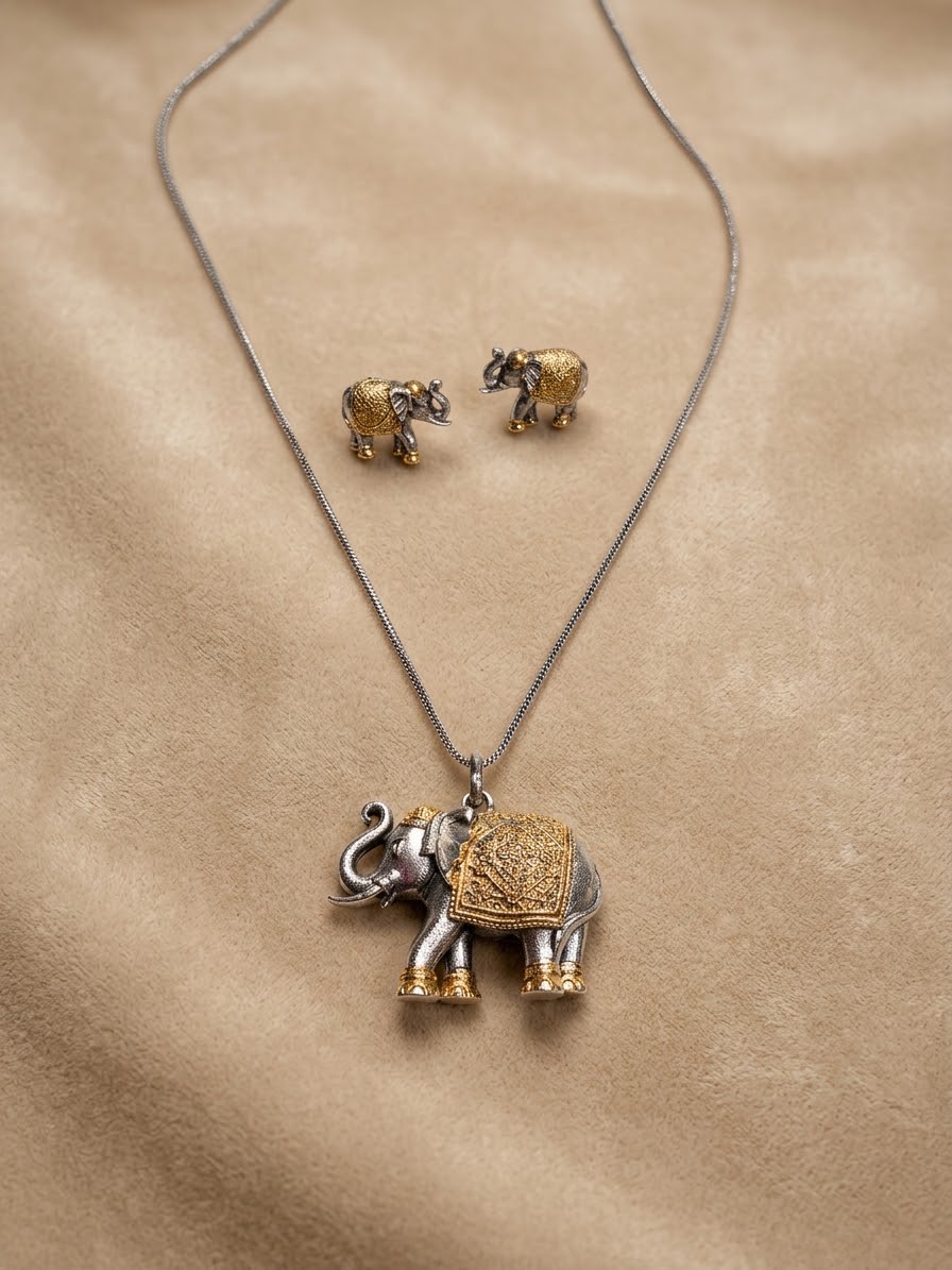 Dual Tone Elephant Pendant Necklace Set – German Silver with Gold Accents