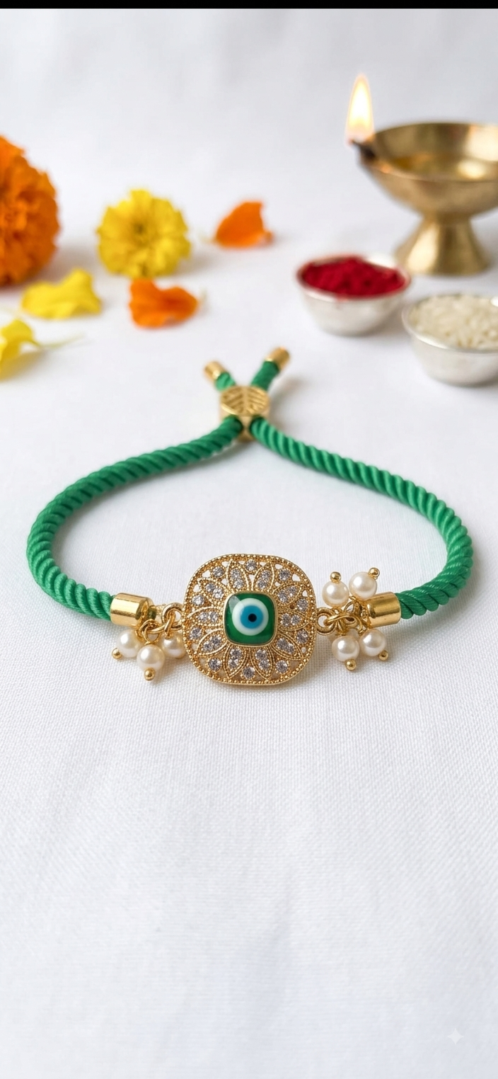 Green Evil Eye Rakhi | Premium Pearl & Kundan Rakhi for Bhai