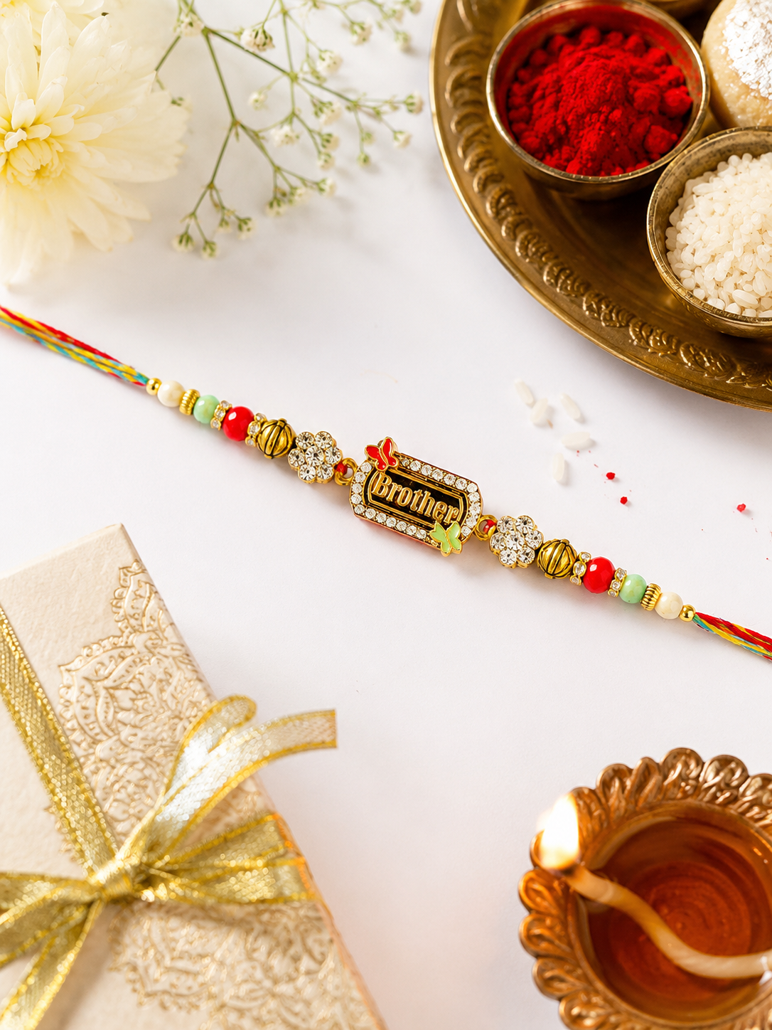 Brother” Charm Rakhi with Crystal Flowers