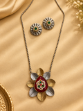 German Silver Leaf Flower Pendant Set – Dual Tone Studs & Pachi Kundan Stones