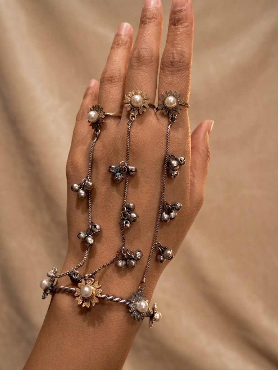 Dual Tone German Silver Haath Phool – Pearl Floral Ring Bracelet