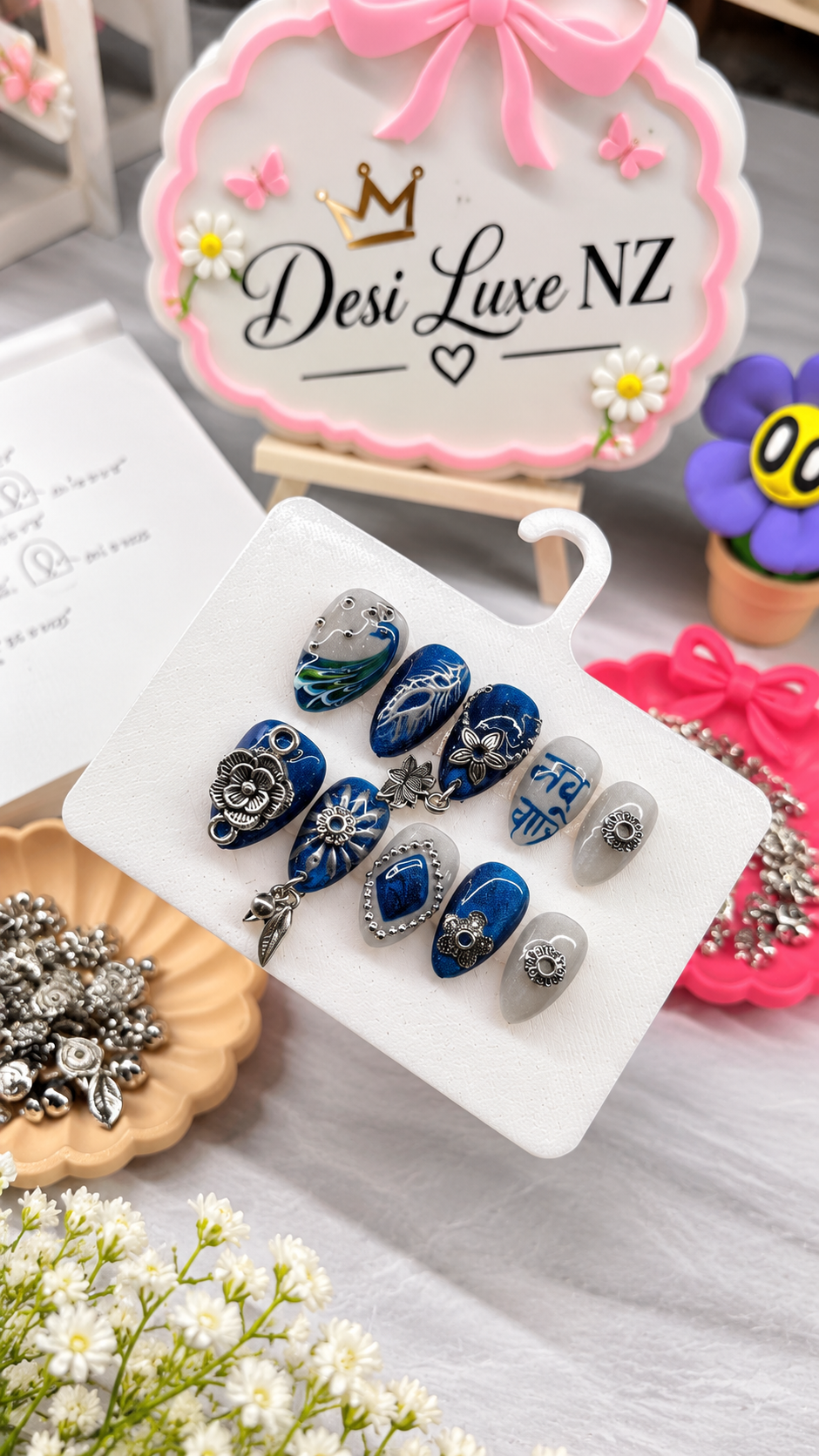 Peacock Blue Press-On Nails | Hand-Painted Navratri Nails with Silver Charms