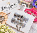 Silver Mist Press-On Nails | Shimmer Grey Navratri Nails with Elephant Charms & Chain