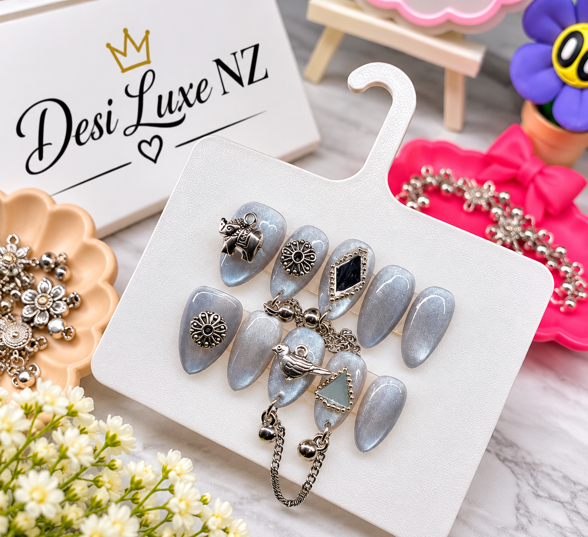 Silver Mist Press-On Nails | Shimmer Grey Navratri Nails with Elephant Charms & Chain