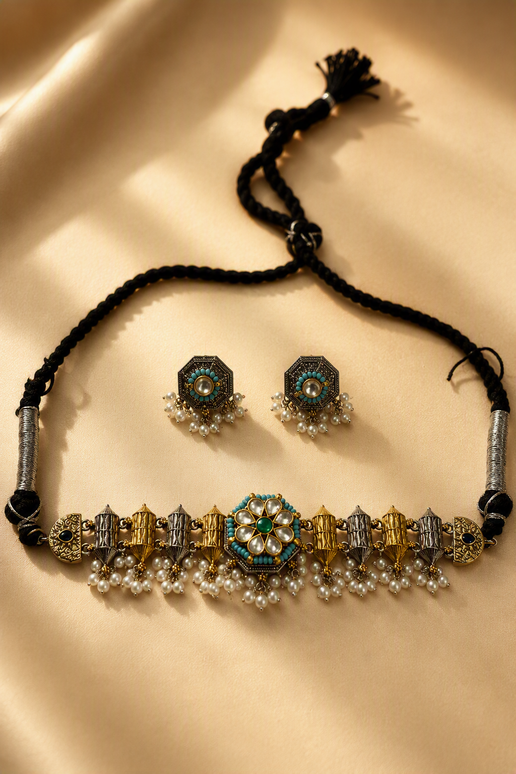 Dual Tone Choker Set with Turquoise Studs & Pachi Kundan Detailing