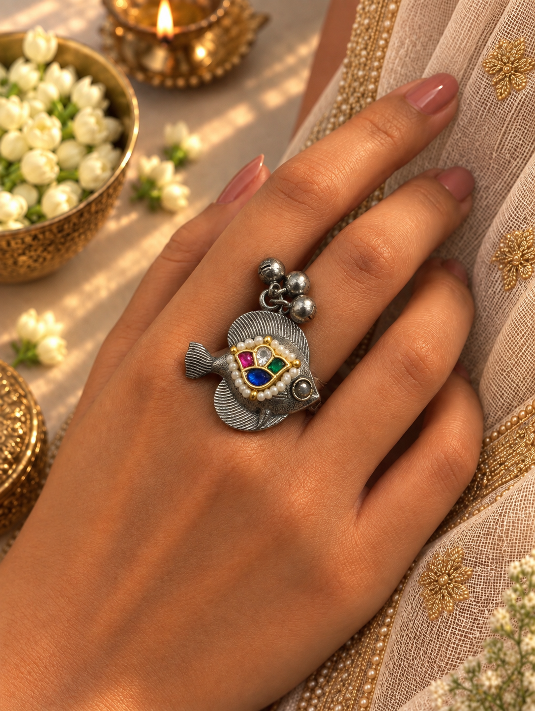 German Silver Pachi Kundan Ring