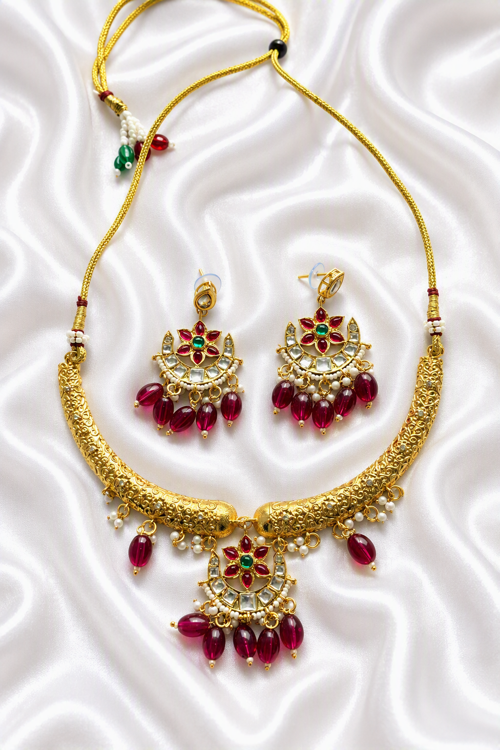Gold Kundan Hasli Necklace Set with Ruby & Emerald Drops – Bridal Choker & Earrings
