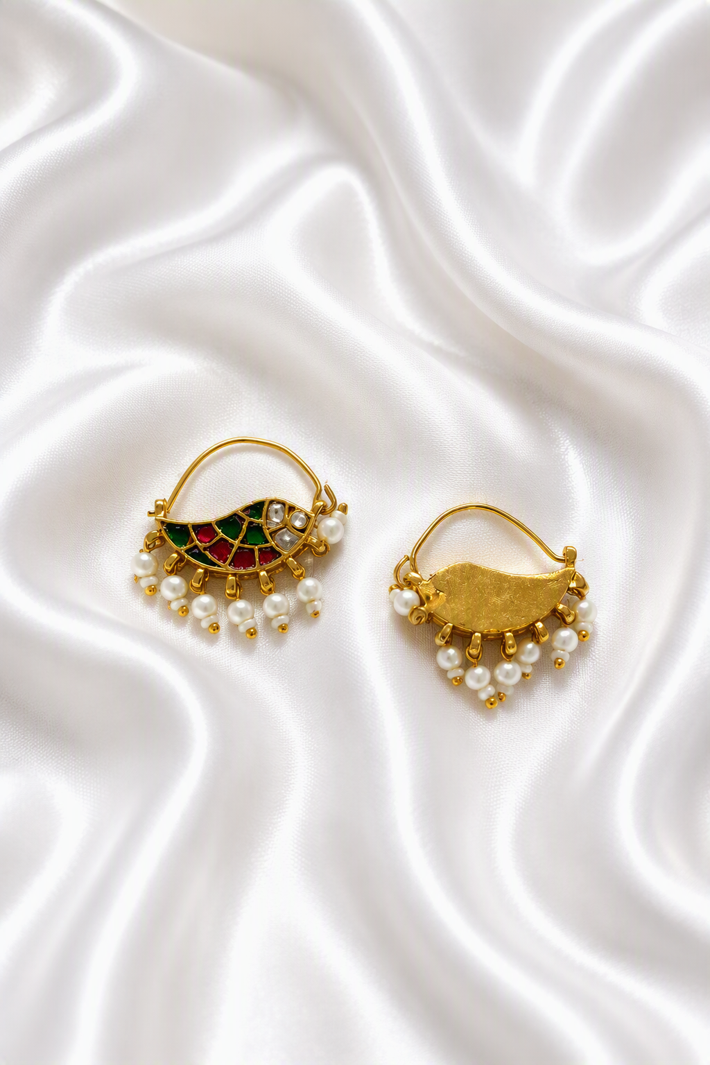Pachi Kundan Nath in Fish Design – Gold-Toned Nose Ring with Pearl Drops