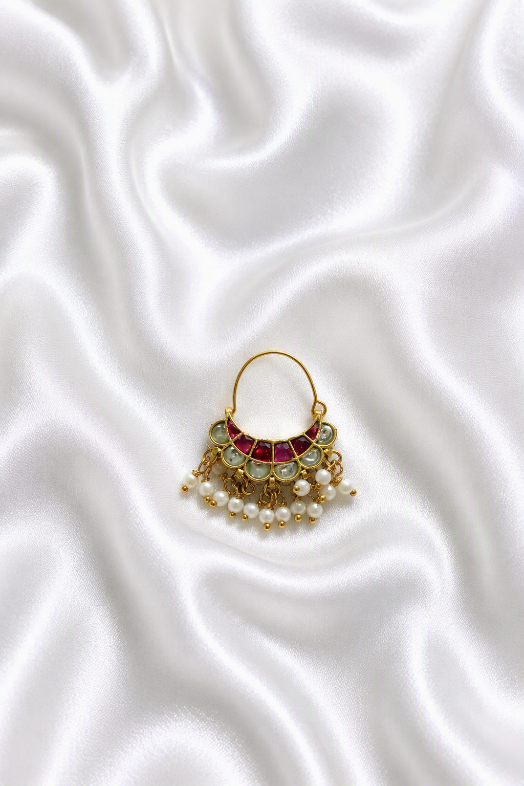 Pachi Kundan Nath with Pink & white Kundan Stones – Pearl Drop Nose Ring