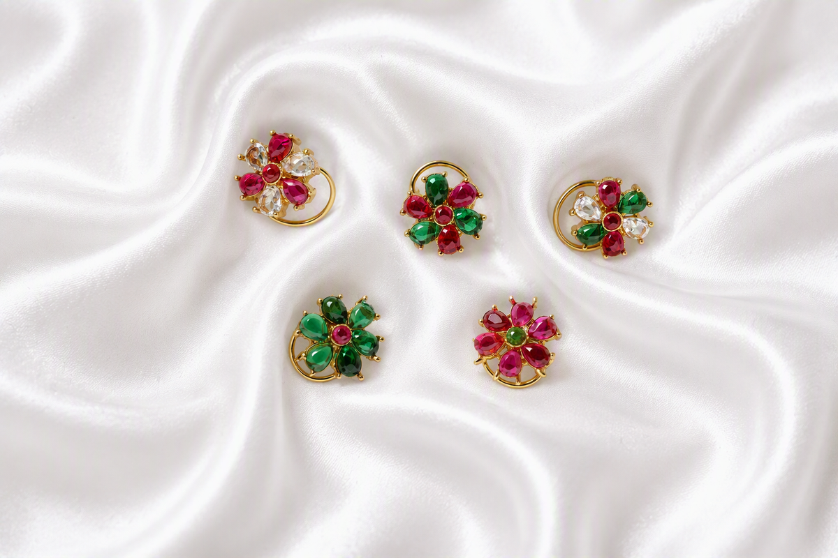 Floral Multicolor Nose Pins – Gold-Toned Screw Nose Studs (Ruby, Emerald & Clear)