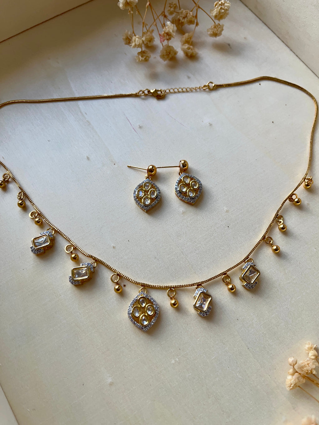 Real Polki Stone Necklace Set –Gold Tone  Multi-Charm Necklace & Earrings