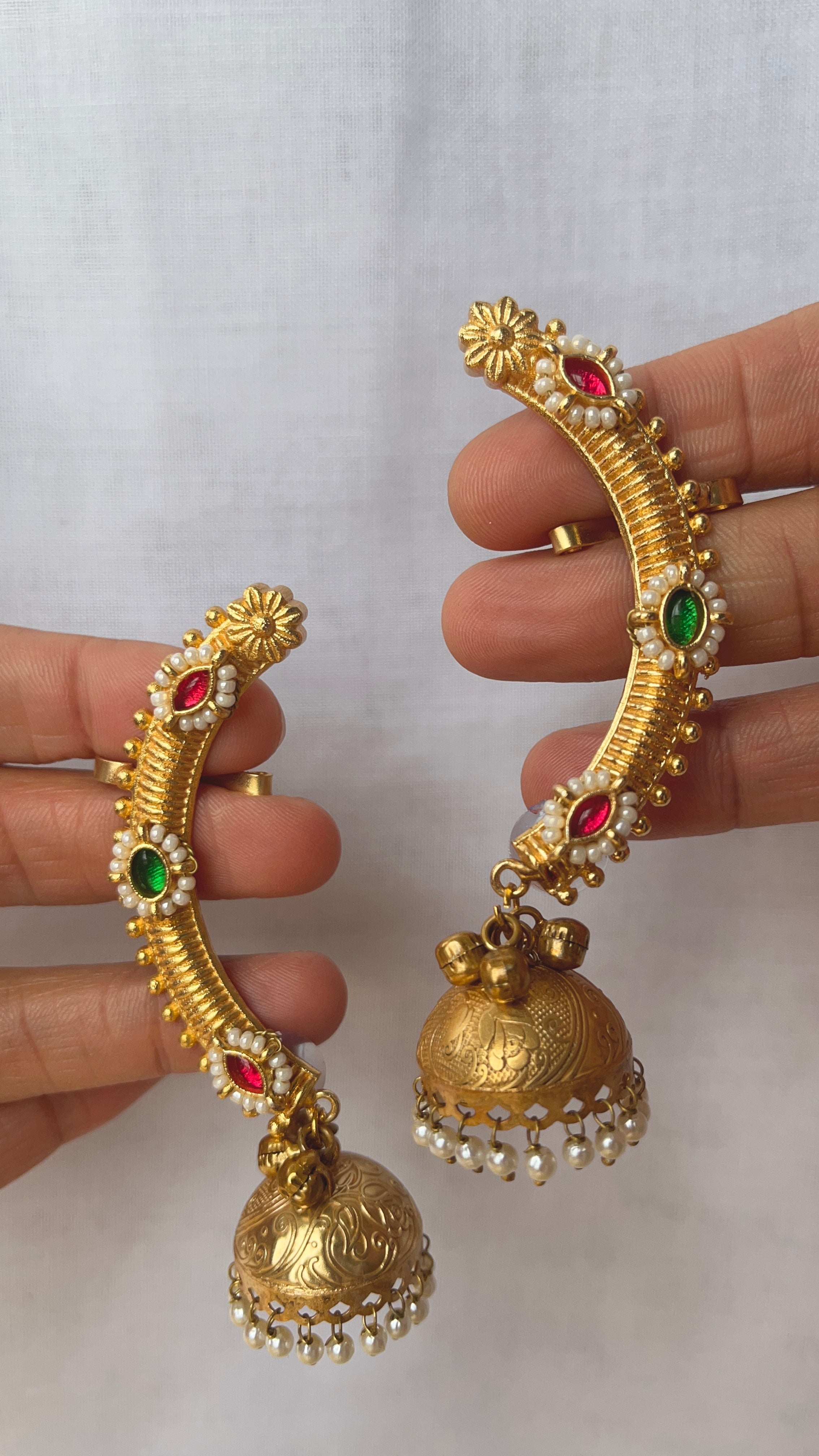 Red/Green stone karnaphool jhumkis