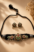 Antique Gold & Silver Choker Set – Kundan Pendant with Black Cord