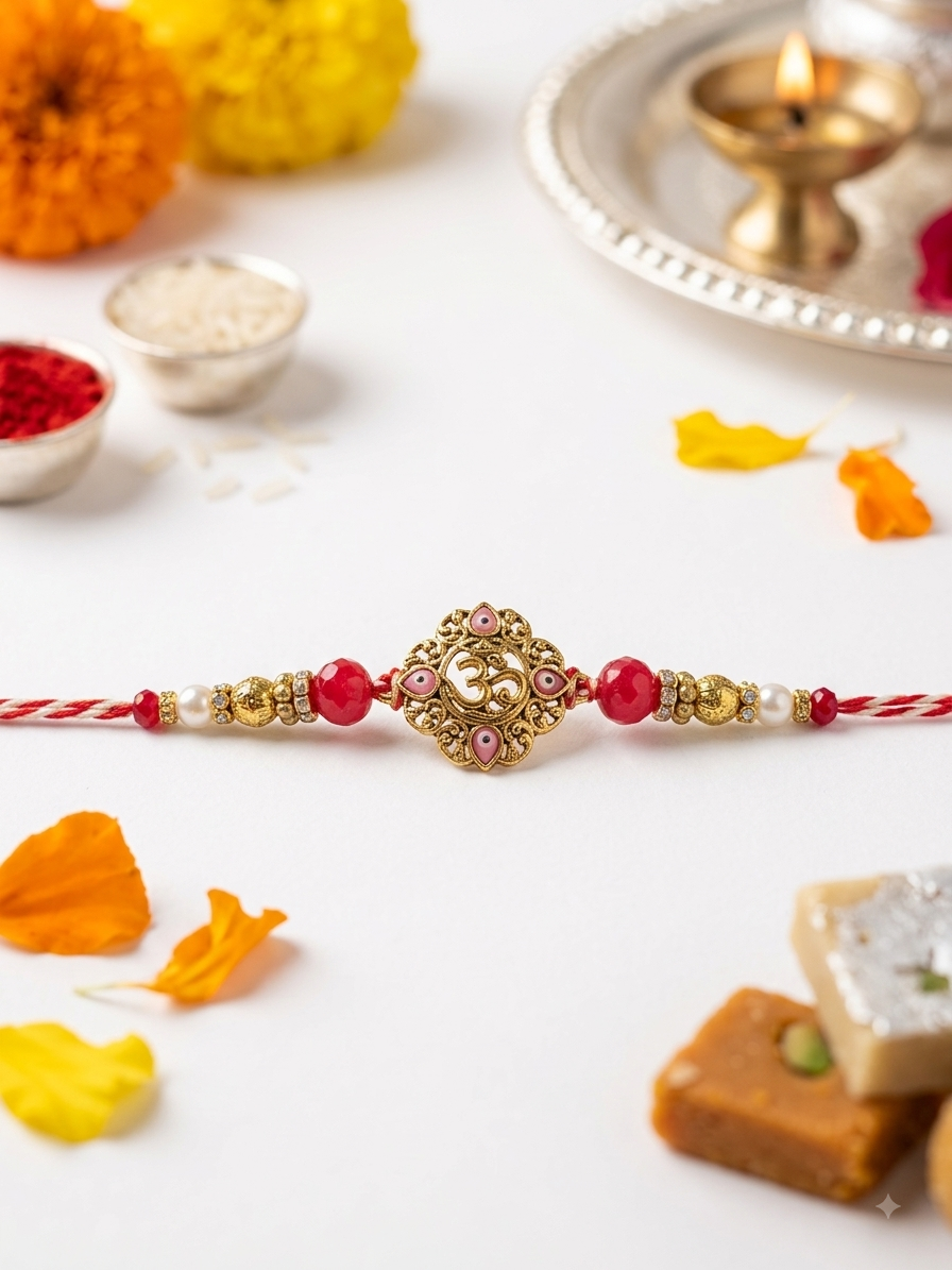 Antique Gold Om Rakhi with Meenakari Pink Enamel Work