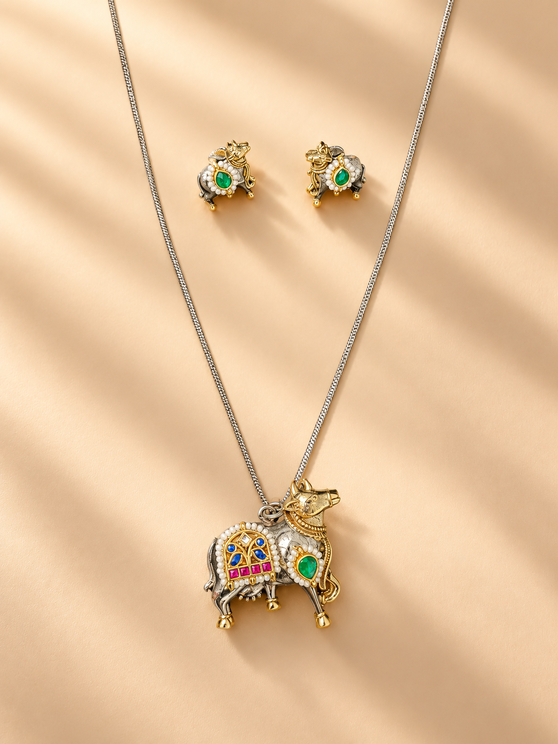 Dual Tone  Kamdhenu Cow Pendant Necklace Set with Earrings | Pachi Kundan