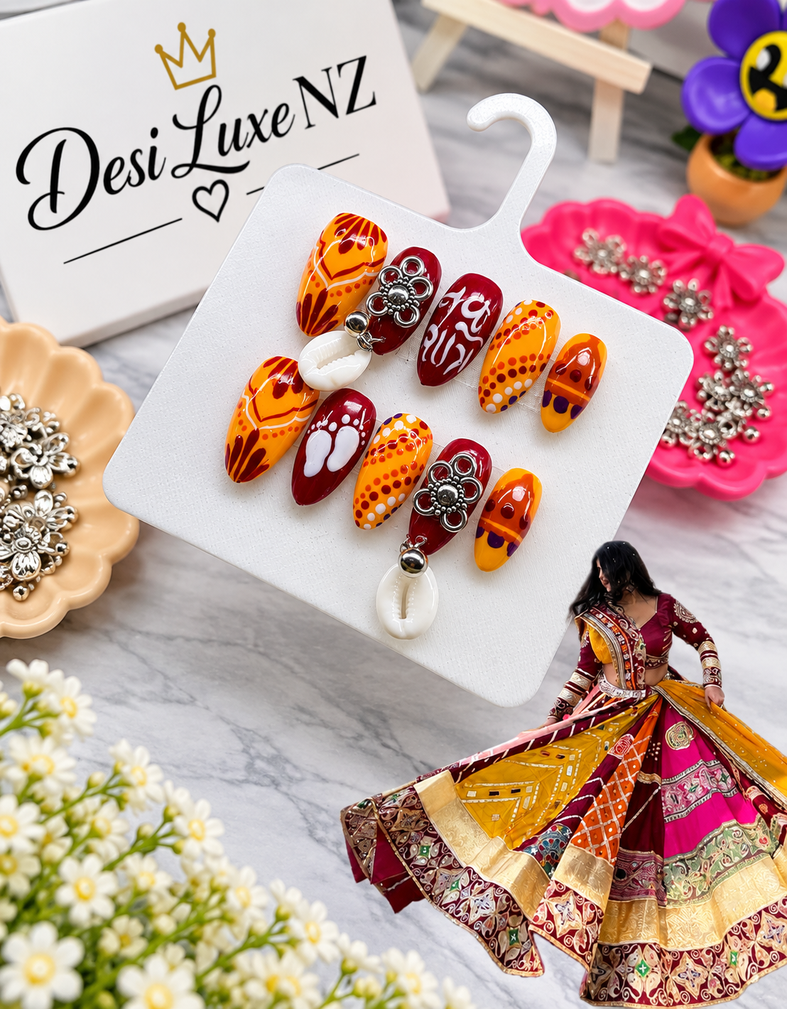 Marigold Maroon Press-On Nails | Hand-Painted Orange & Maroon Navratri Nails with Cowrie Charms